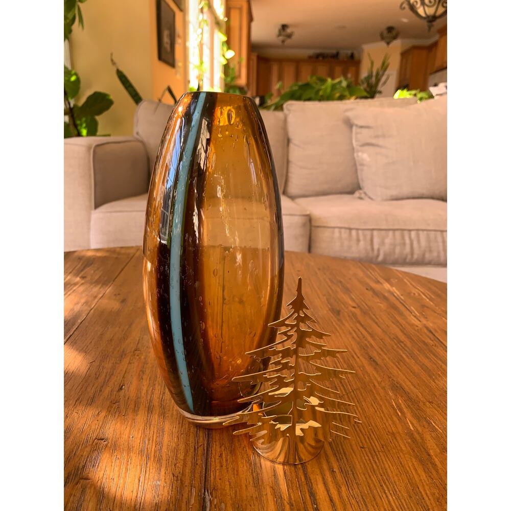 Vintage Amber Art Bubble Glass Vase with Blue Lines